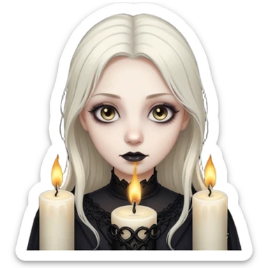 Pale woman with kohl-lined eyes staring through candle smoke, predatory calm, gothic fantasy mood sticker