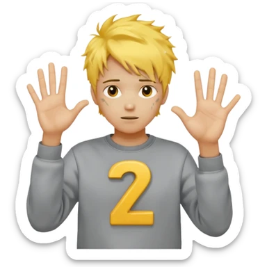 Make a guy in a grey sweatshirt and yellow messy hair hold his hands out one hand holding 6 the other holding 7 sticker