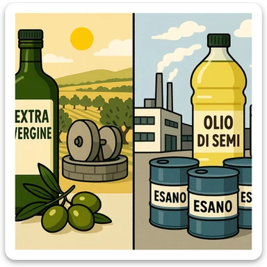 comparison image: left side with a green 'Extra Vergine' bottle, olives, olive mill, sunny fields; right side with a 'Olio di semi' bottle, factory, chemical barrels labeled 'Esano'; simple, communicative illustrative style sticker
