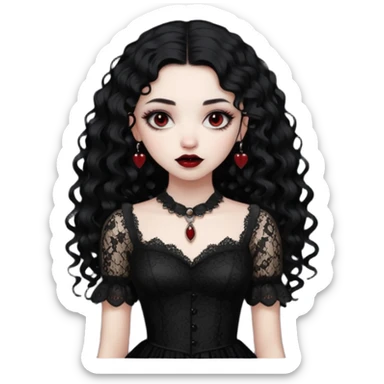 A girl with a dark red goth vampire look in a black goth lace dress with long sleeves longer black curly hair sticker