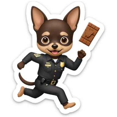 black chihuahua with white and black prison suit running from police with chocolate in its mouth sticker