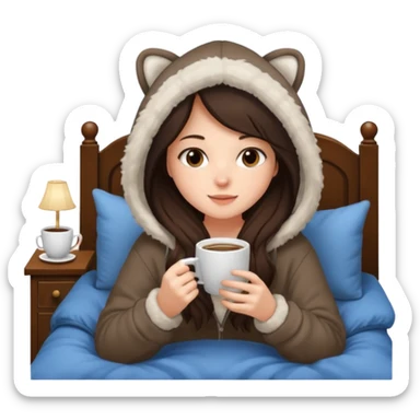 a brunette girl sitting cozily in her bed and a fur hoodie sipping coffee sticker