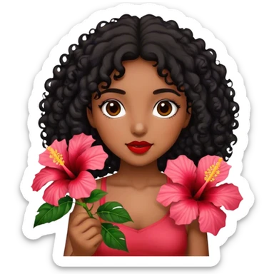 Girl with brown skin with black curly hair holding hibiscus flowers sticker