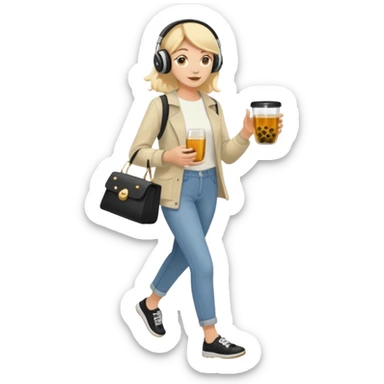 a young woman full length walks with headphones on with a caviar toast in one hand and herbal tea in the other hand sticker
