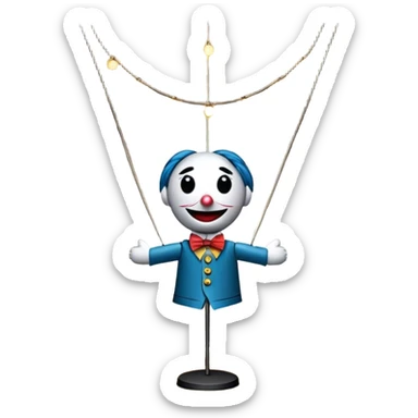 Icon for Puppet Theater: a puppet on strings with theatrical curtains in the background, along with a small stage and dramatic lighting. The icon should represent the whimsical and artistic nature of puppet performance. Transparent background. sticker