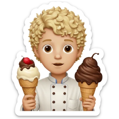 boy blonde curly hair, chef, eating big chocolate ice cream sticker