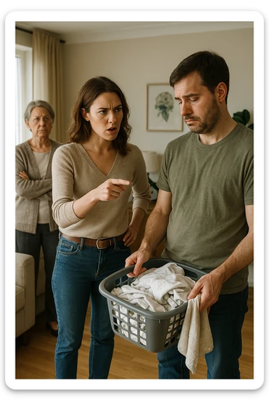 a woman stands assertively in the center of a living room, giving clear instructions to her partner. The man, with a submissive and resigned expression, follows her directions, perhaps holding household items or performing a chore. Behind them, an older woman (the mother-in-law) stands with crossed arms and a disapproving look, watching the scene unfold. The lighting is natural, and the atmosphere is tense but realistic. sticker