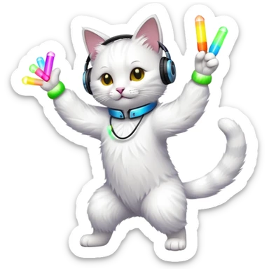 cat dancing with headphones, glow sticks, college party atmosphere sticker