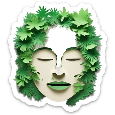 Person face portrait smoking chill made entirely of paper cuttings and 420 leaves and green flowers, holographic sticker