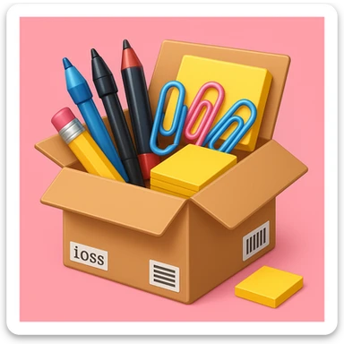 a cardboard box with assorted office supplies like pens, paper clips, and sticky notes spilling out in emoji style with a pink background sticker