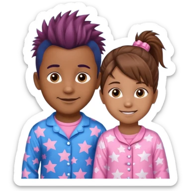 4 year old brown spikey haired boy with blue pajamas with stars on them and a 1 year old brown haired pony tail girl with pink pajamas, and stars on them with light skin. Top left on, can you make them smile more?  sticker