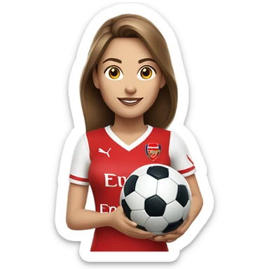 Pretty white woman with medium brown hair holding a soccer ball and wearing an Arsenal jersey sticker