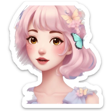 Gorgeous Pastel Anime-Style Lady With Butterflies on face cottage core pastelcore kawaii aesthetic trending style sticker