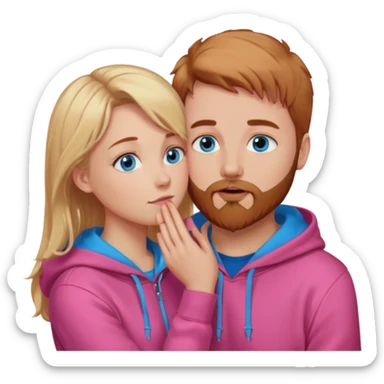 Pretty-long blonde hair blue eyed-girl,wearing a pink hoodie, facing a reddish brownish hair and beard-blue eyed-white man whose holding her face kissing  sticker