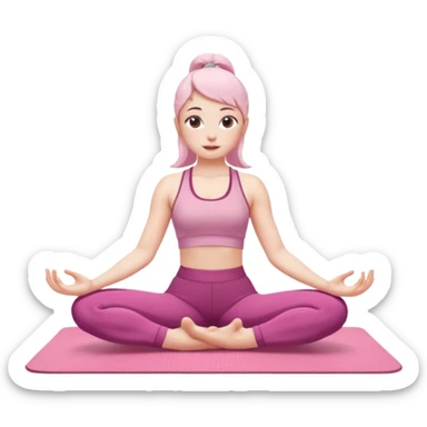 a pretty 20-year-old woman with white skin doing a different stretching pose on a pink yoga mat, iPhone memoji style sticker