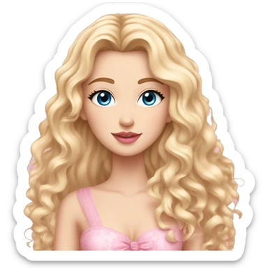 White girl 🧝🏻‍♀️, blue eyes, blond very long curly hair, pink lips, pink sexy dress. Background long. Sakura levitate. sticker