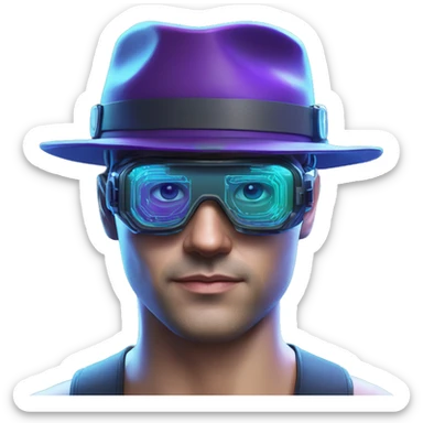 Secret human agent in a hat with  cyberpunk elements in Apple VR googles headset scanning looking reviewing multicolor lines of code, cyan and purple colors, only upper body portrait sticker