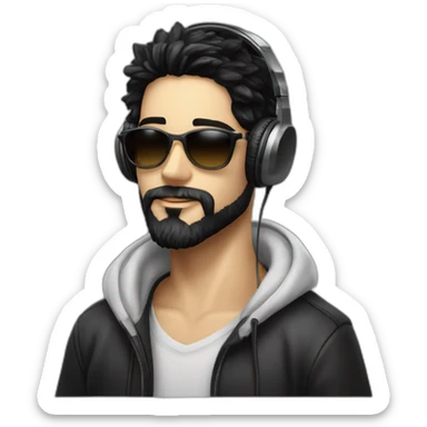 A stylish boy wearing headphones and sun glasses and in background music waves black hair black beard new trending look white skin colour sticker