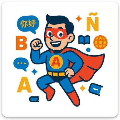 super hero mascot for language learning, surrounded by floating letters and language icons sticker
