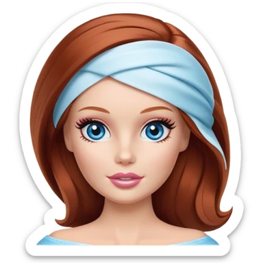 A Barbie face blue eyes with shoulder-length reddish brown hair, makeup with a cream mask on her on her head sticker