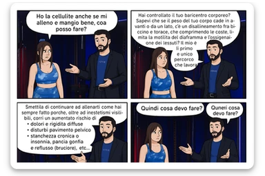 TRASFORMA QUESTO CAROSELLO IN UN FUMETTO CON QUESTE DUE PERSONE IDENTICHE CHE INTERLOQUISCONO TRA LORO:

Ho la cellulite anche se mi alleno e mangio bene, cosa posso fare?

Hai controllato il tuo baricentro corporeo?
Sapevi che se il peso del tuo corpo cade in avanti o da un lato, c’è un disallineamento fra bacino e torace, che comprimendo le coste, limita la motilità del diaframma e l’ossigenazione dei tessuti?
Il mio è il primo e unico percorso che lavora sugli inestetismi con un lavoro mirato sul baricentro corporeo.

Smettila di continuare ad allenarti come hai sempre fatto perché, oltre ad inestetismi visibili, corri un aumentato rischio di:
    • dolori e rigidità diffuse
    • disturbi pavimento pelvico
    • stanchezza cronica o insonnia
    • pancia gonfia e reflusso (bruciore)
    • etc…


Quindi cosa devo fare?
Commenta, qua sotto, con “simmetria” e ti mando un esempio del lavoro da fare. Lo stesso sistema con cui ho aiutato migliaia di persone, fra cui centinaia di donne a risolvere definitivamente gli inestetismi.
Metterei il prima e dopo

Se vuoi che ti aiuti personalmente
SCRIVIMI IN DIRECT sticker