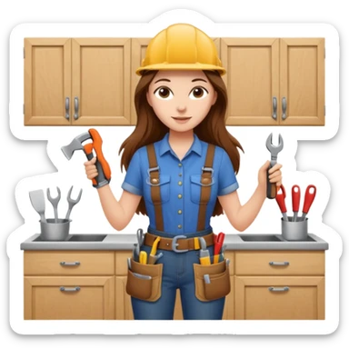beautiful girl with long brown hair constructing new kitchen cabinets sticker