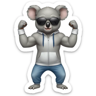 anthropomorphised koala, full body, wearing a hoodie and jeans, dark sunglasses, flexing muscles sticker