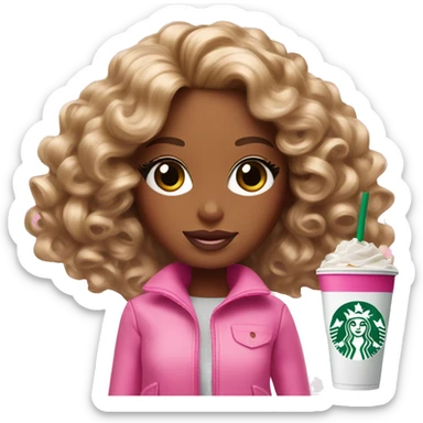 Barbie girl with curly hair holding Pink starbucks refresher sticker