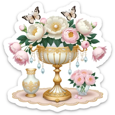 A romantic baroque-style vanity display featuring an intricate golden candelabrum, an embroidered ivory lace fan, and a crystal vase filled with white peonies and pastel pink roses, with pearl butterflies adding a whimsical touch.
 sticker