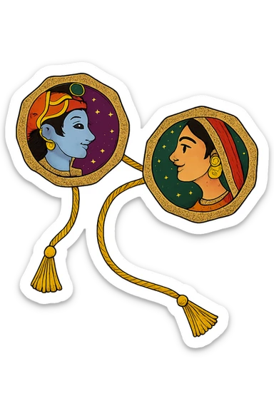 Convert the rakhi from the photo into an emoji, preserving the traditional Indian art style with vibrant colors and a gold border. Use a simple or transparent background to keep the focus on the rakhi design. The style should reflect intricate traditional Indian motifs and rich color vibrancy. sticker