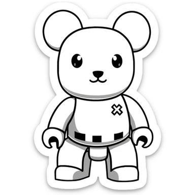Lego style bearbrick with X crosses as eyes, enlarged ears, oversized boots, long thin limbs, exaggerated comic proportions, blocky Lego joints sticker