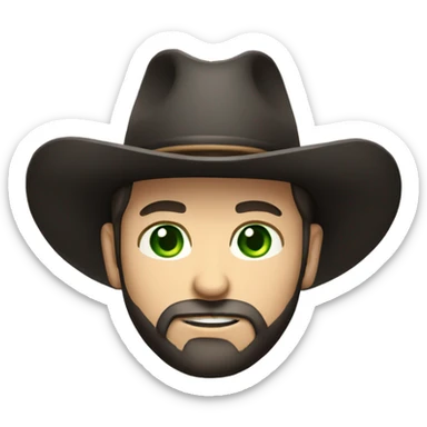 Caucasian male with green eyes, a dark beard dressed as a cowboy with short hair wearing a western hat black sticker