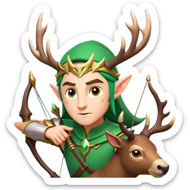 clash-of-clans-aesthetic-focused-elf-archer-portrait-emoji, rendered in a flat, vector-style with minimal shading and bold, simplified shapes, head tilted slightly forward with a determined, focused expression, riding a majestic stag whose luminous antlers glow with mystical energy, set against an ancient, enchanted forest backdrop. sticker
