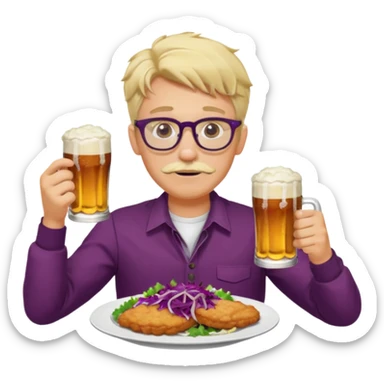 Man with wire framed glasses german eating schnitzel, red cabbage, sauerkraut, potato salad, and beer. Man is blonde and no mustache sticker