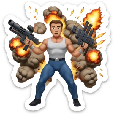 Icon for Action Movies: Arnold Schwarzenegger in the lead role, in an intense action pose with weapons, explosions, and dramatic background. The design should evoke the classic action movie feel with muscle-bound heroes and high-energy sequences. Transparent background. sticker