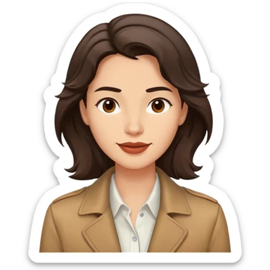 The person has a medium complexion, wavy  dark hair coming on his forehead, well-defined facial features with a strong jawline, full lips, and happy expression. They are wearing a white shirt layered with a brown jacket
 sticker