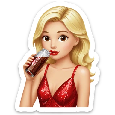 Blonde model wearing red sequin gown sipping diet cola sticker