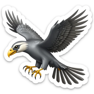 Emoji-style icon of a large metallic predatory bird flying, sharp wings, steel texture, dramatic pose, no gold no yellow sticker