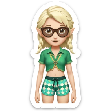 elf female legolas portrait, patterned board shorts (geometric/abstract), unique wooden-framed sunglasses, undercut hairstyle, slight smirk, visible pointy ears, no background, centered emoji, hipster summer vibe coctails  sticker