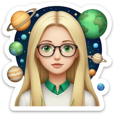 A blonde girl with long straight hair green eyes and glasses with many planets around her sticker