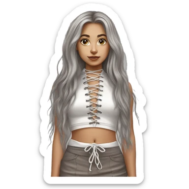 caucasian straight long haired brown, white plush lace up crop top, tight grey mini skirt, hyperrealist drawing sticker