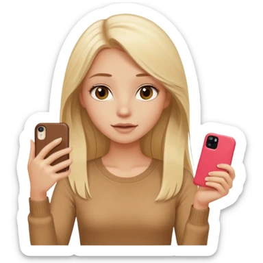  beautiful pale blonde girl with long hair taking selfie on brown case iPhone in beige top sticker