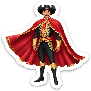 Spanish Matador – Cinematic Realistic Spanish Matador, portrayed in an ornate traje de luces with a flowing red cape, standing poised in a classic bullring with swirling dust and dramatic light, his intense expression and elegant stance capturing both bravery and artistry. sticker