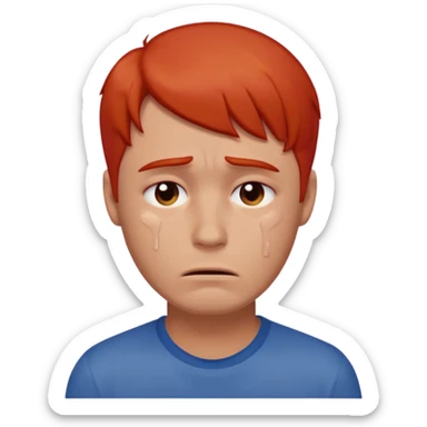 man with no red or orange hair. His face is intensely red, visibly flushed and over-reddened, as if he's been crying hard. His expression is sad, and a single clear tear flows down his cheek. The style should be simple, clean, and consistent with modern emoji design. sticker