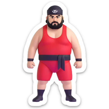 White skin fat guy with black durag, black beard, black eyes in a red and black wrestling singlet with angry face sticker