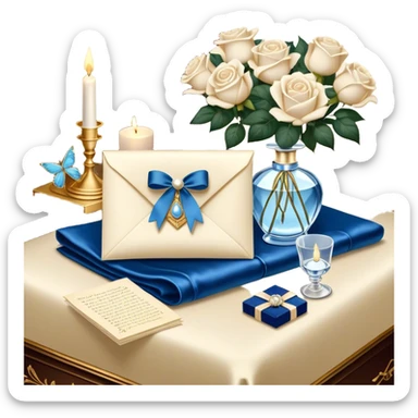A carefully folded love letter, tied with a silky blue ribbon, sits on a velvet cushion. Beside it stands a tall crystal perfume bottle, exuding the soft scent of white roses. Pearl butterflies hover above the table, as the warm glow of candlelight reflects off the golden wax seal. sticker