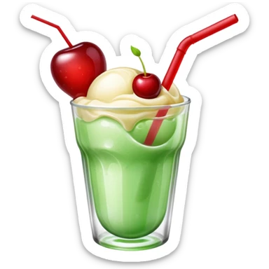 Create an emoji with a clear rounded glass, bright transparent green soda with fine bubbles, a smooth vanilla scoop, a glossy red cherry, and a red straw, using vibrant colors, soft shading, and clear glass highlights.
 sticker
