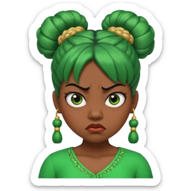 Create a 3D cartoon-style girl character with dark skin, round face, angry expression, big wide eyes, and tightly styled double buns made of green beaded hair. The girl should look irritated, eyebrows sharply angled, and lips pressed in a frown. sticker