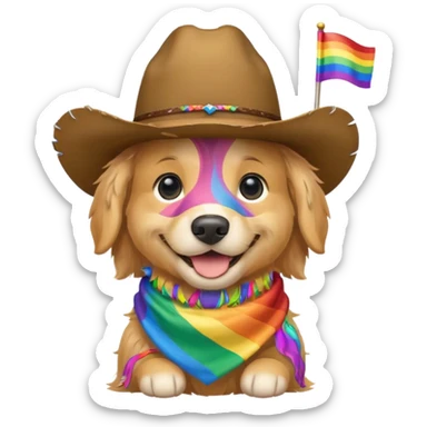 golden retriever with cowboy hat and rainbow flag sticker