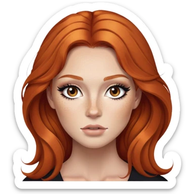 ginger hair, brown eyes, freckled, baddie,pretty makeup, strong makeup, black eyeliner, long hair sticker